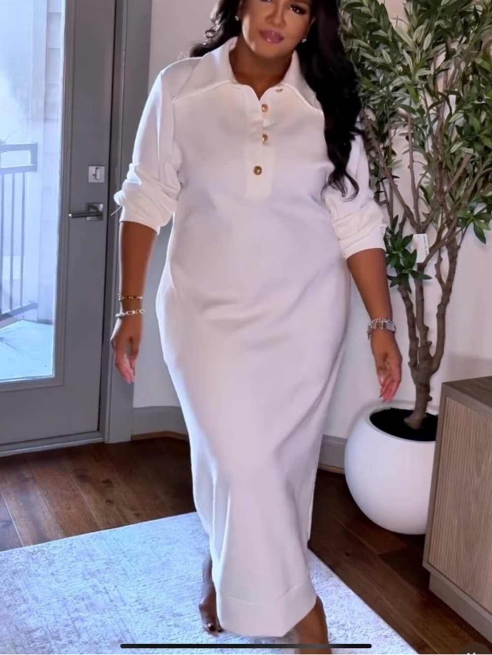 White Polo-Style Button Maxi Dress SHEIN with Gold Buttons NEW NEVER WORN XXXL